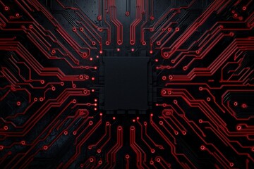 Futuristic circuit board background with red glowing lines