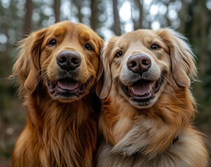 Two dogs are smiling and looking at the camera