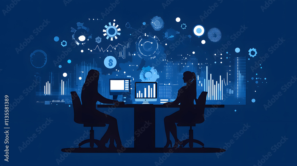 Poster Data analysis meeting office space digital visualization professional environment side view