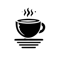 Morning Coffee Icon: Simple black and white illustration of a steaming coffee cup on a saucer, representing a warm and comforting start to the day. Perfect for branding, menus, or websites. 