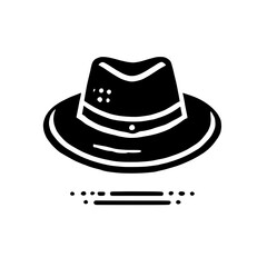 Stylish Fedora Hat Icon: A sleek, modern icon of a fedora hat, perfect for fashion, vintage, or mystery themes.  The bold black silhouette is clean and versatile. 