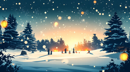 Naklejka premium Winter celebration gathering snowy landscape digital art evening magical atmosphere