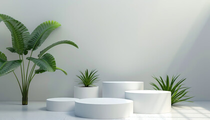 White Cylindrical Platforms with Potted Plants against Light Grey Wall
