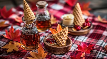 Autumnal Treats Maple Syrup Waffles And Fall Leaves