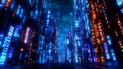 Fototapeta premium A futuristic city skyline illuminated by vibrant digital screens, highlighting advanced technology, connectivity, and innovation in urban living.