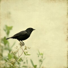 Black bird perched on small plant against textured background.