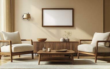 Modern living room with wooden furniture, beige walls, and two armchairs.