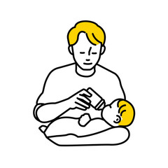 育児をする男性のイラスト赤ちゃんにミルクをあげている。育児休業中の男性。