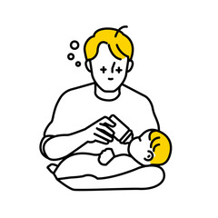 赤ちゃんにミルクをあげる男性のイラスト。育児疲れの父親。夜間授乳。育児休業。