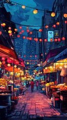 Fototapeta premium Night Market Street Scene Illuminated By Lanterns