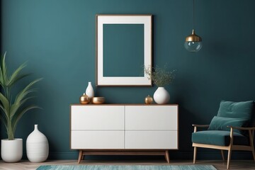 minimalist commode with decor in living room interior, Dark Teal wall background, blank poster frame