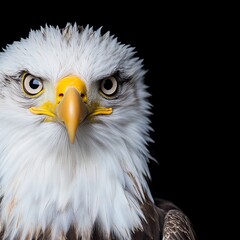 Obraz premium Close-up portrait of a bald eagle against a black background.