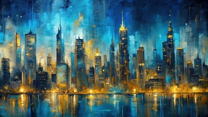 Obraz premium Blue and gold abstract painting of a cityscape at night, cityscape, abstract, painting, blue, gold, city, night, skyline