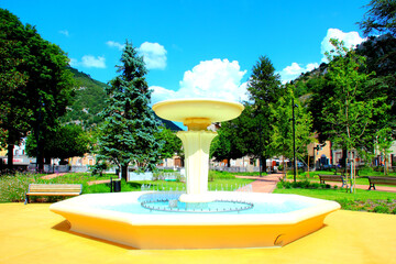 PIORACO, ITALY - JULY 23, 2024: Fountain in Piazza Isabella d'Este Gonzaga. Isabella d'Este was the Marchioness of Mantua and one of the leading women of the Italian Renaissance