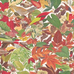 Colorful birds and autumn leaves collage.