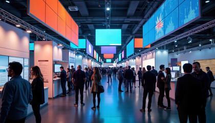 Tech expo busy with attendees. People gather near information booths. Explore banners, displays. Latest innovations showcased. Event full of energy. Professionals, participants engage. Collaboration,