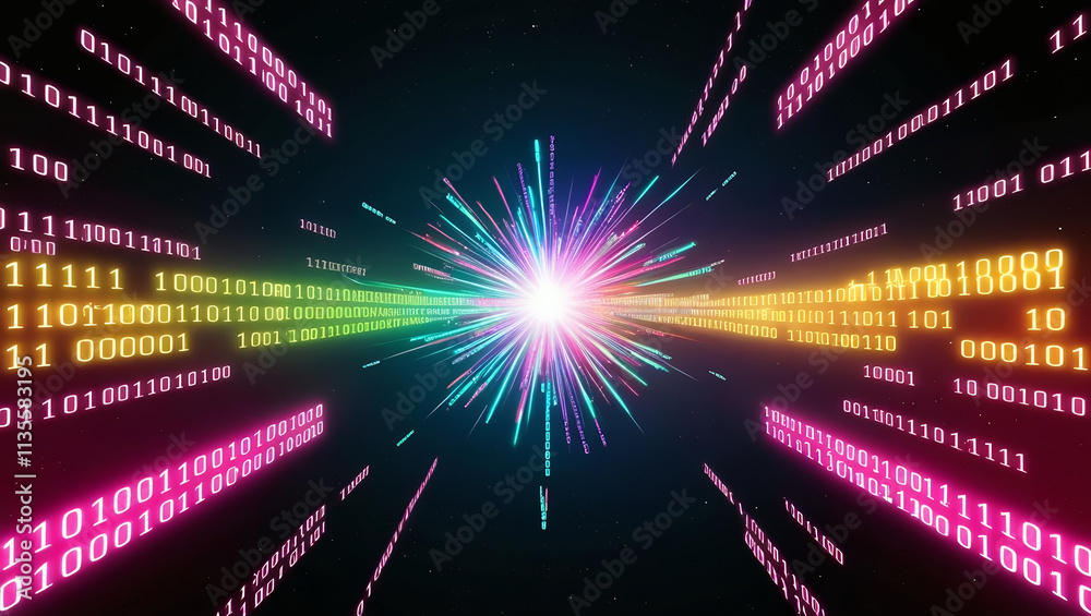 Poster vibrant explosion of neon colors and binary code creates dynamic visual experience, symbolizing tech