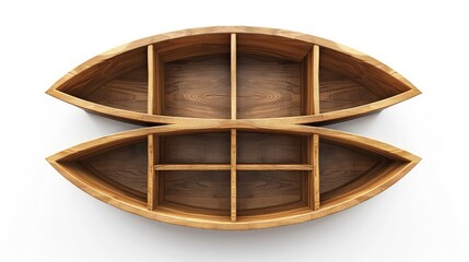 A beautiful, curved bookshelf with a smooth, wooden finish, and elegant, rounded edges, isolated on a white background