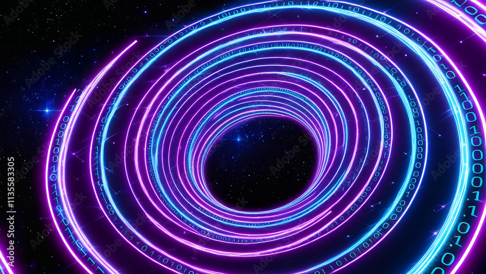 Poster vibrant swirling neon vortex of binary code creates mesmerizing visual effect, evoking sense of dept