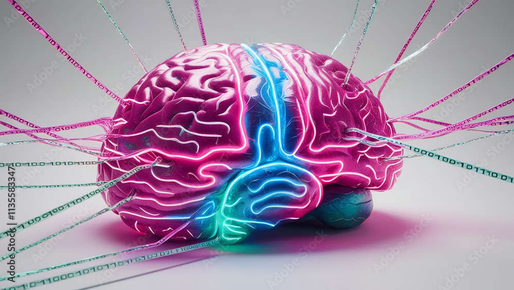 Poster vibrant digital brain with neon colors and binary code, symbolizing technology and intelligence. int