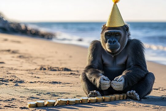 Gorilla Celebrates Wealth On Beach With Gold Coins