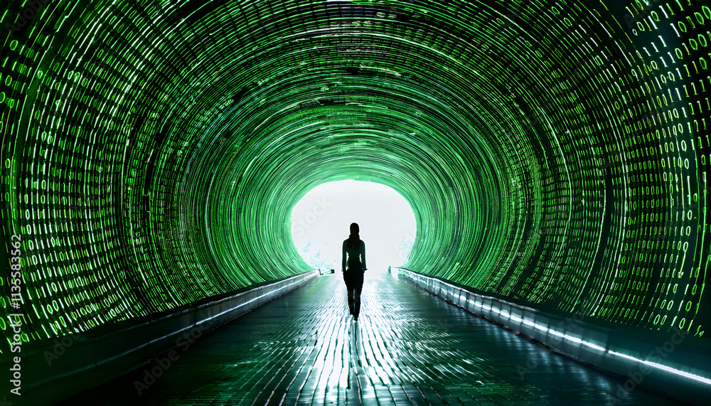 Aufkleber person walking through futuristic tunnel illuminated by green binary code, creating digital atmosphe