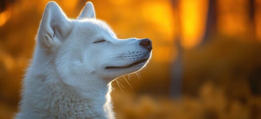 Naklejka premium A white dog is looking at the camera with a peaceful expression