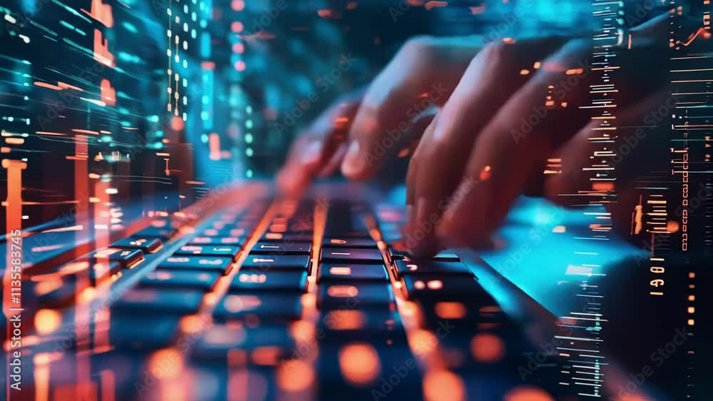 Poster close up of a software engineer typing on a keyboard with futuristic digital data in the background.