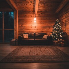 Fototapeta premium Cozy living room with Christmas tree, gifts, leather sofa, and wooden walls at night.