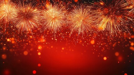 Fototapeta premium Vibrant golden fireworks burst against a rich red sky, perfect for New Year’s Eve and Chinese New Year celebrations, enhancing festive event designs.