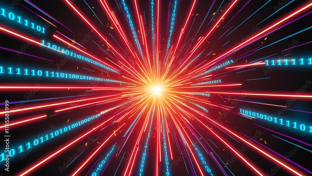 Poster glowing neon lines radiate from central point, creating vibrant explosion of binary code. this dynam