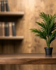 Fototapeta premium Potted plant on wooden table with blurred bookshelf background