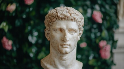 Obraz premium Marble bust of a classical figure in a garden