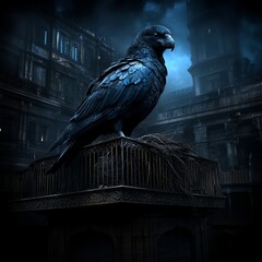 Fototapeta premium Dark raven perched on ornate balcony of old, gothic building at night.