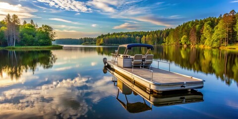 Naklejka premium A pontoon boat docked at a secluded private dock on a tranquil freshwater lake , pontoon boat, private dock, tranquil