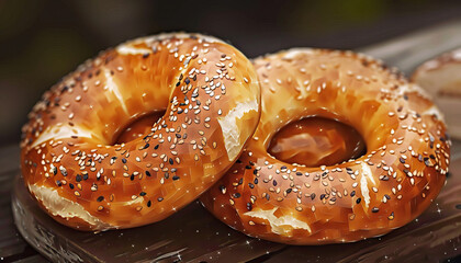 Two Sesame Seed Bagels on Wood Surface