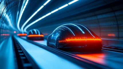 Fototapeta premium A futuristic transportation system featuring autonomous vehicles interconnected through advanced technology, showcasing innovation, efficiency, and seamless mobility solutions.