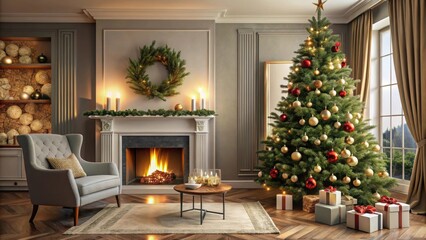 Stylish living room with fireplace, decorated Christmas tree, and festive Christmas decorations, stylish