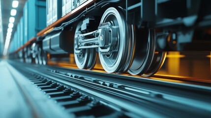 Obraz premium Train wheels in motion freight yard industrial scene dynamic perspective transportation concept