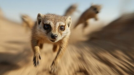 A curious meerkat leaps forward with outstretched paws, showcasing its playful spirit in the wild sandy terrain.
