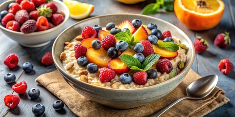 Steel cut oats breakfast oatmeal bowl with fresh fruits and nuts , breakfast, oatmeal, steel cut oats, healthy
