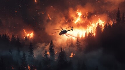 Obraz premium Helicopter fighting wildfire forest area action shot flames and smoke aerial view environmental crisis
