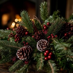 Festive Christmas centerpiece with pine cones, berries, and fir branches on a wooden surface.