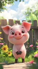 A cheerful cartoon pig stands in a vibrant garden filled with flowers and greenery.