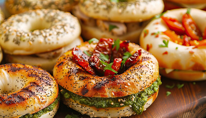 Assorted Bagels with Pesto, Sun-Dried Tomatoes, and Grilled Marks