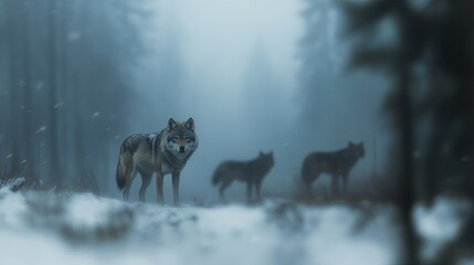 A gray wolf stands in focus amidst a misty forest, with two blurred wolves in the background, creating a mysterious atmosphere.