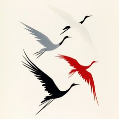 Obraz premium Four stylized cranes in flight, red, black, grey, white.