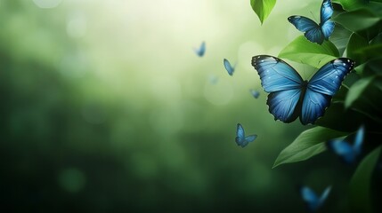 A vibrant blue butterfly perched on lush green leaves, surrounded by smaller butterflies in soft, blurred background.