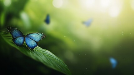 A vibrant blue butterfly perched on a green leaf, surrounded by a dreamy forest atmosphere and soft sunlight.