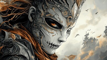 A detailed, stylized portrait of a masked figure with intricate metallic features and a haunting gaze.